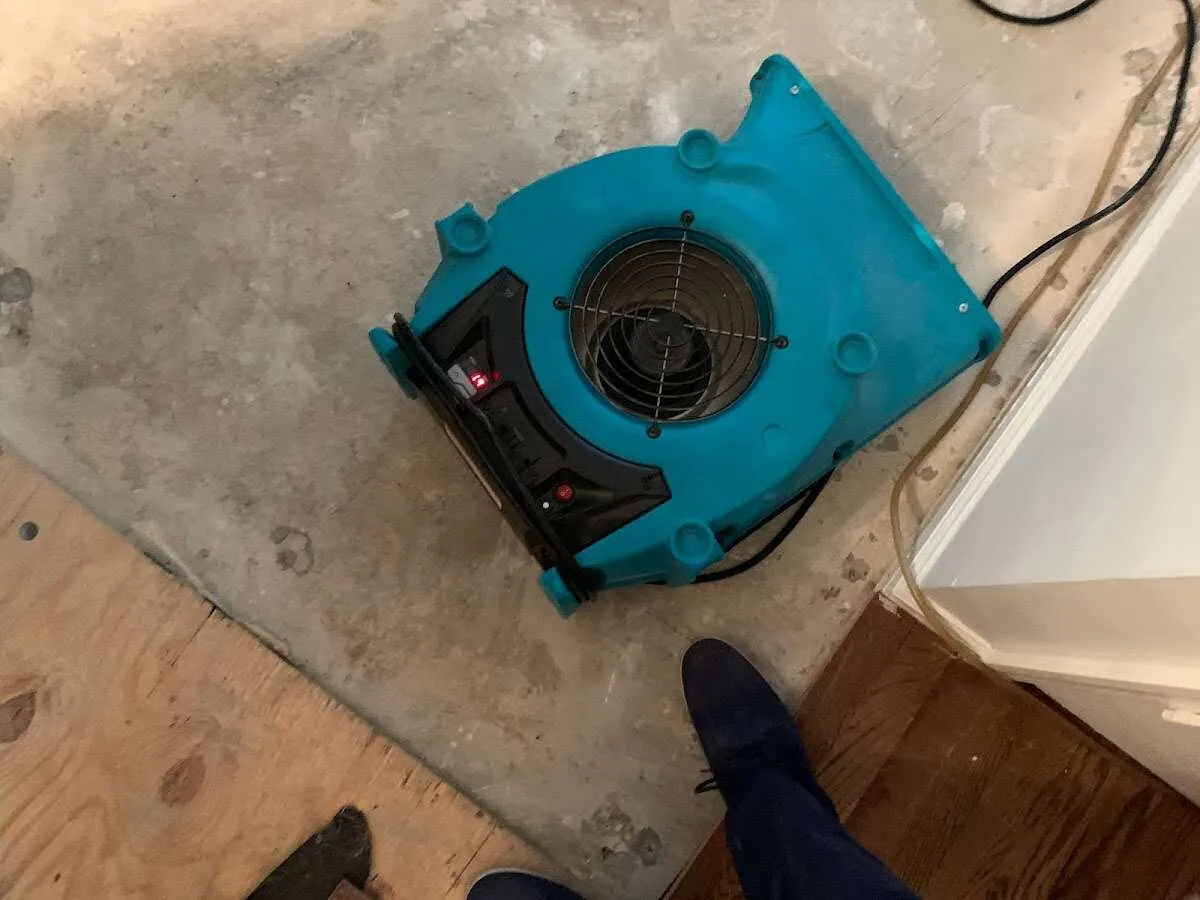 Air mover drying subfloor during Leak Detection & Repair in Fergus Falls
